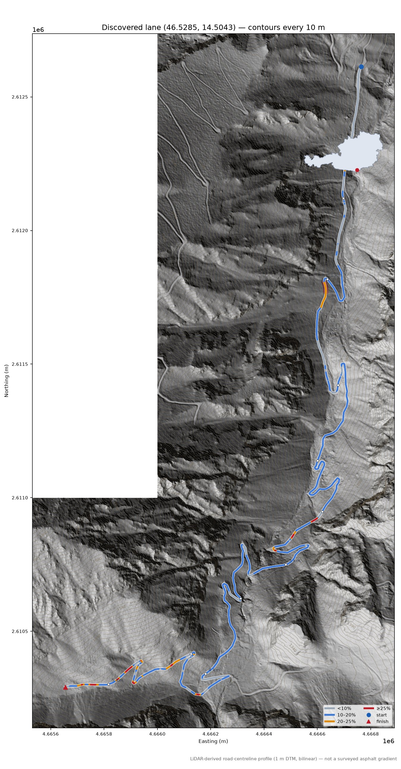 Discovered lane (46.5285, 14.5043) LiDAR hillshade map with contours