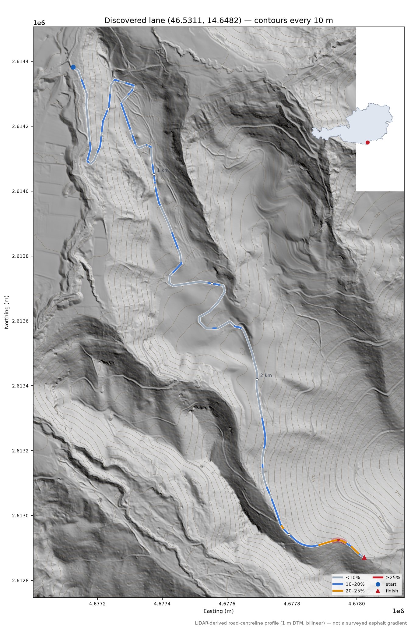 Discovered lane (46.5311, 14.6482) LiDAR hillshade map with contours