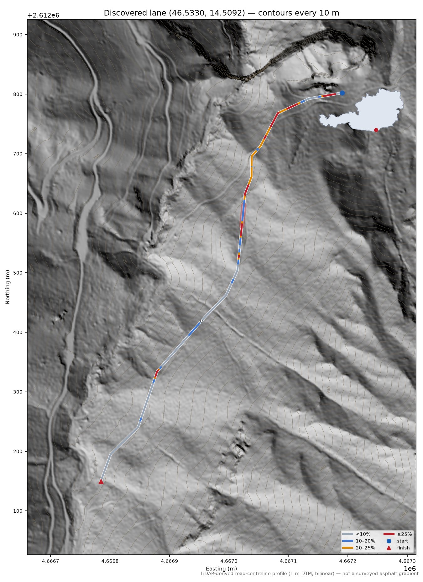 Discovered lane (46.5330, 14.5092) LiDAR hillshade map with contours
