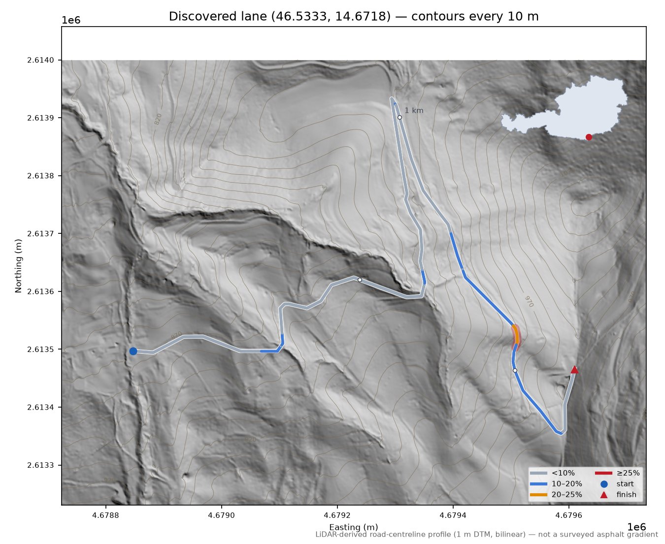 Discovered lane (46.5333, 14.6718) LiDAR hillshade map with contours