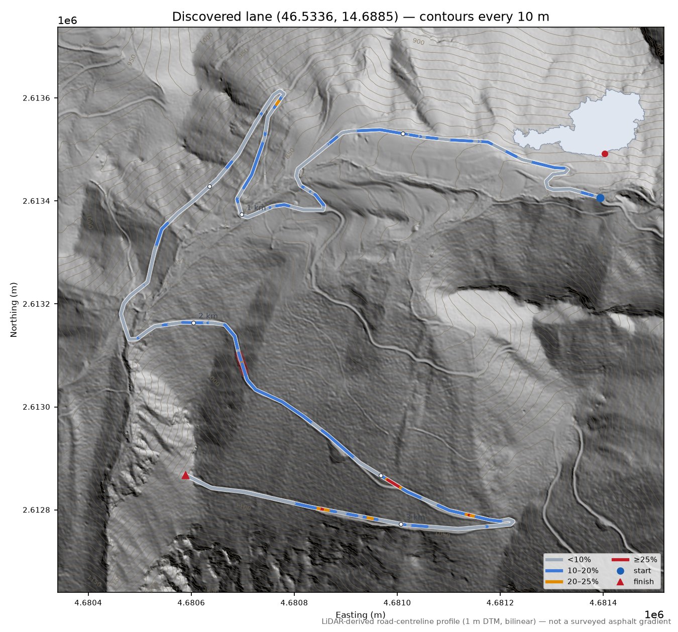 Discovered lane (46.5336, 14.6885) LiDAR hillshade map with contours