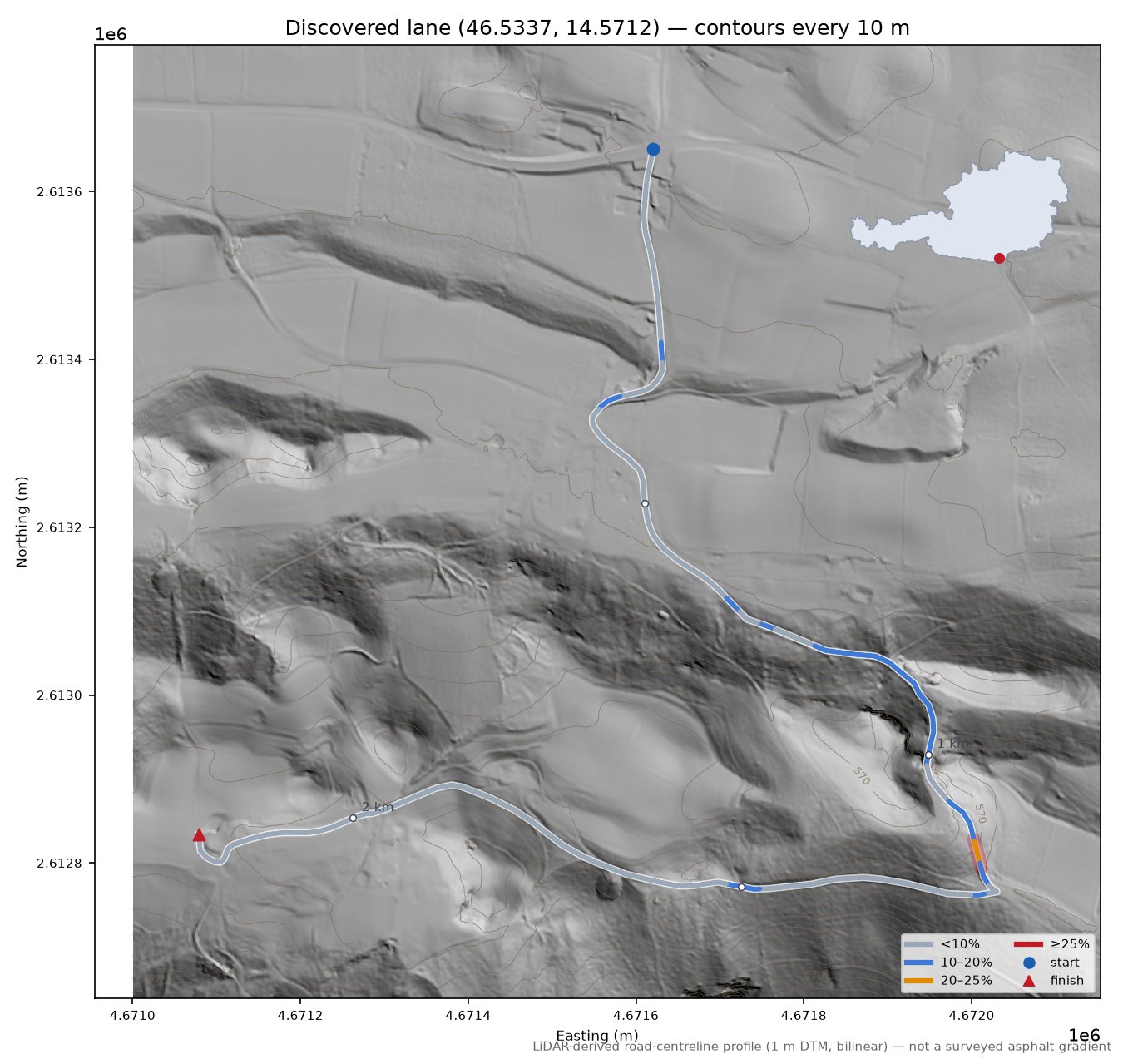 Discovered lane (46.5337, 14.5712) LiDAR hillshade map with contours