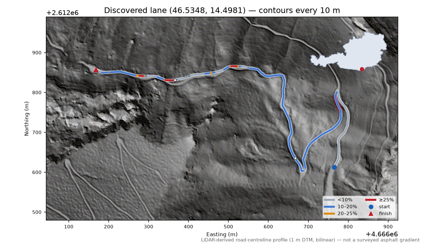 Discovered lane (46.5348, 14.4981) LiDAR hillshade map with contours