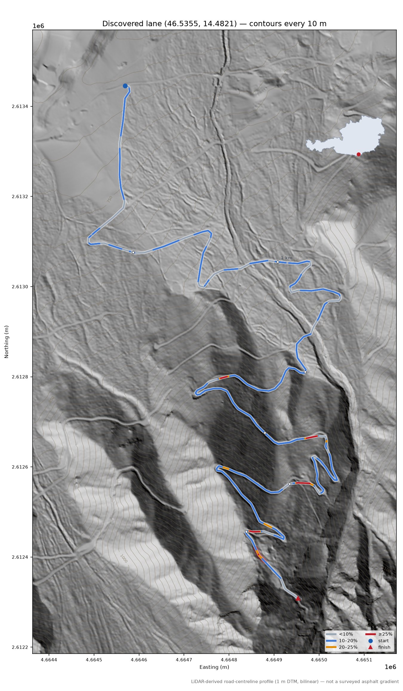 Discovered lane (46.5355, 14.4821) LiDAR hillshade map with contours
