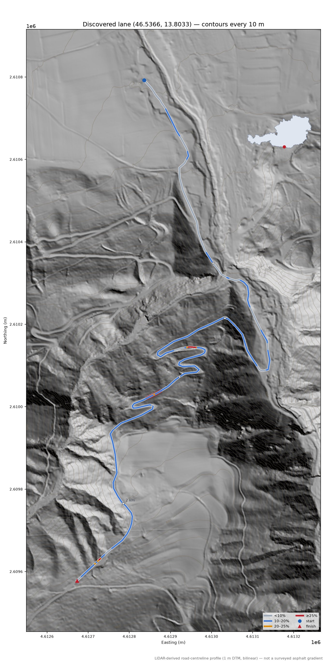 Discovered lane (46.5366, 13.8033) LiDAR hillshade map with contours