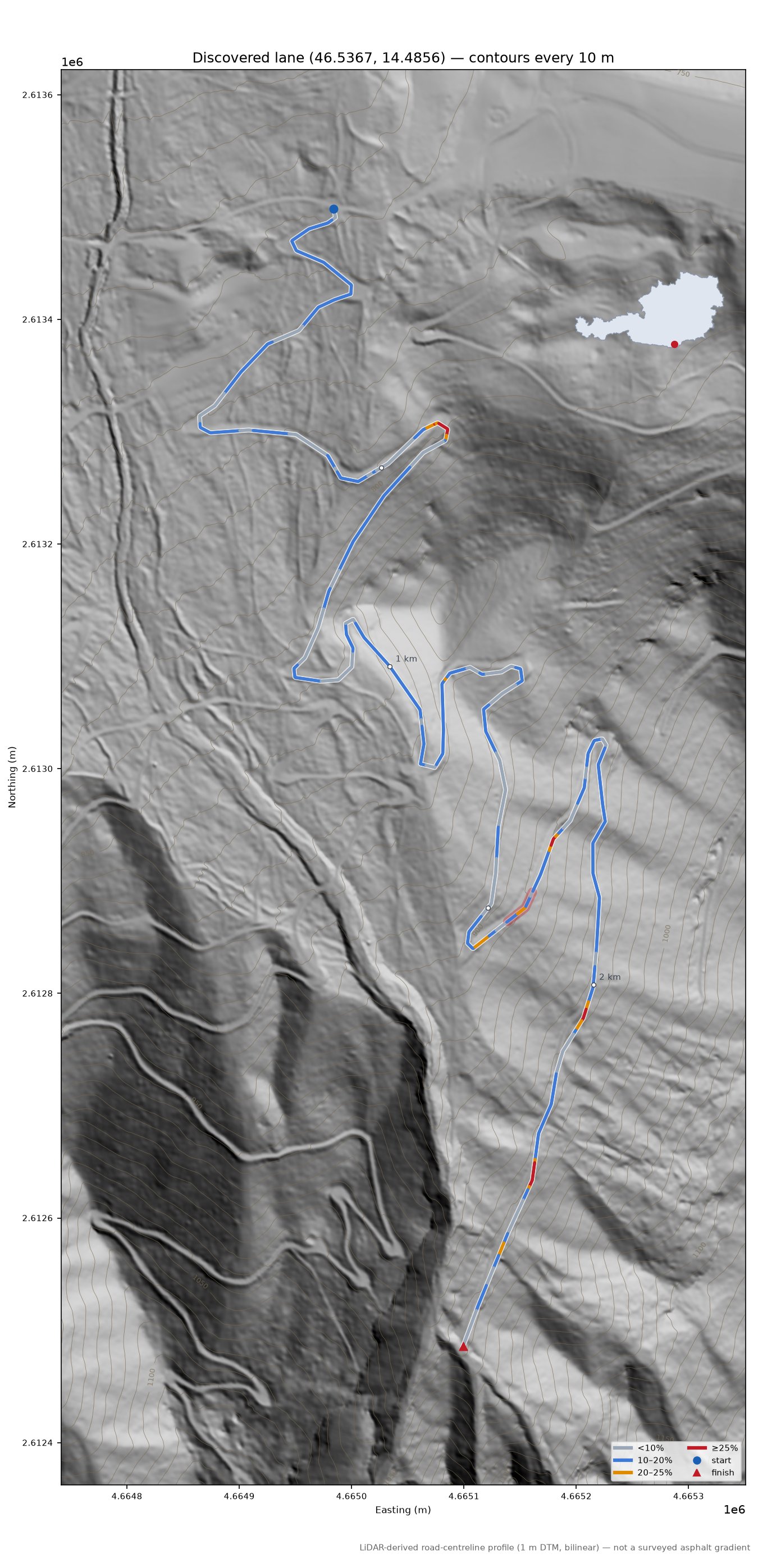 Discovered lane (46.5367, 14.4856) LiDAR hillshade map with contours