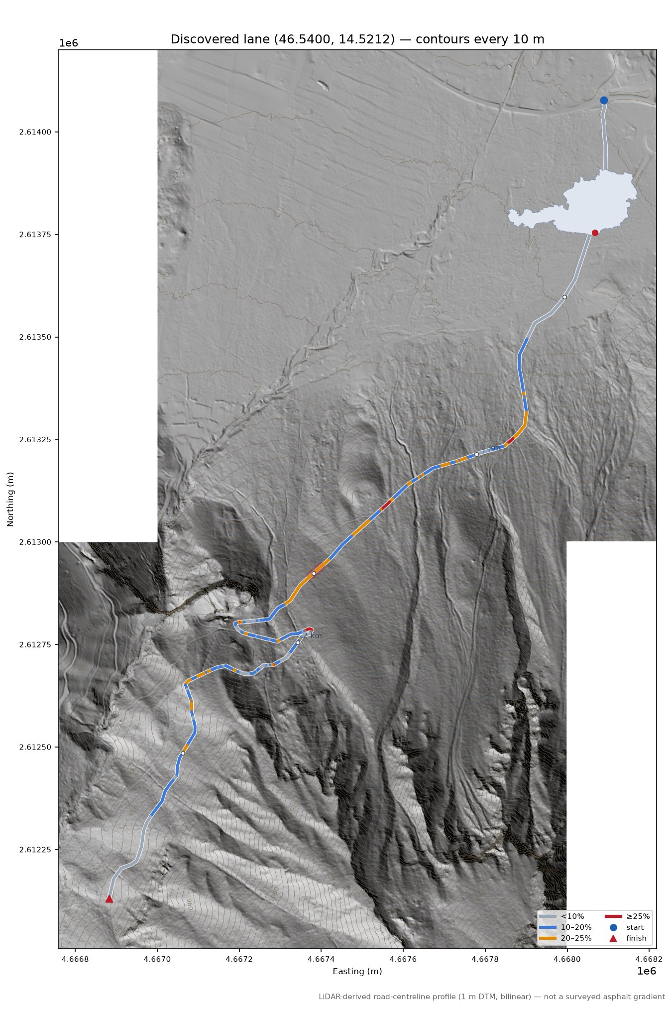 Discovered lane (46.5400, 14.5212) LiDAR hillshade map with contours