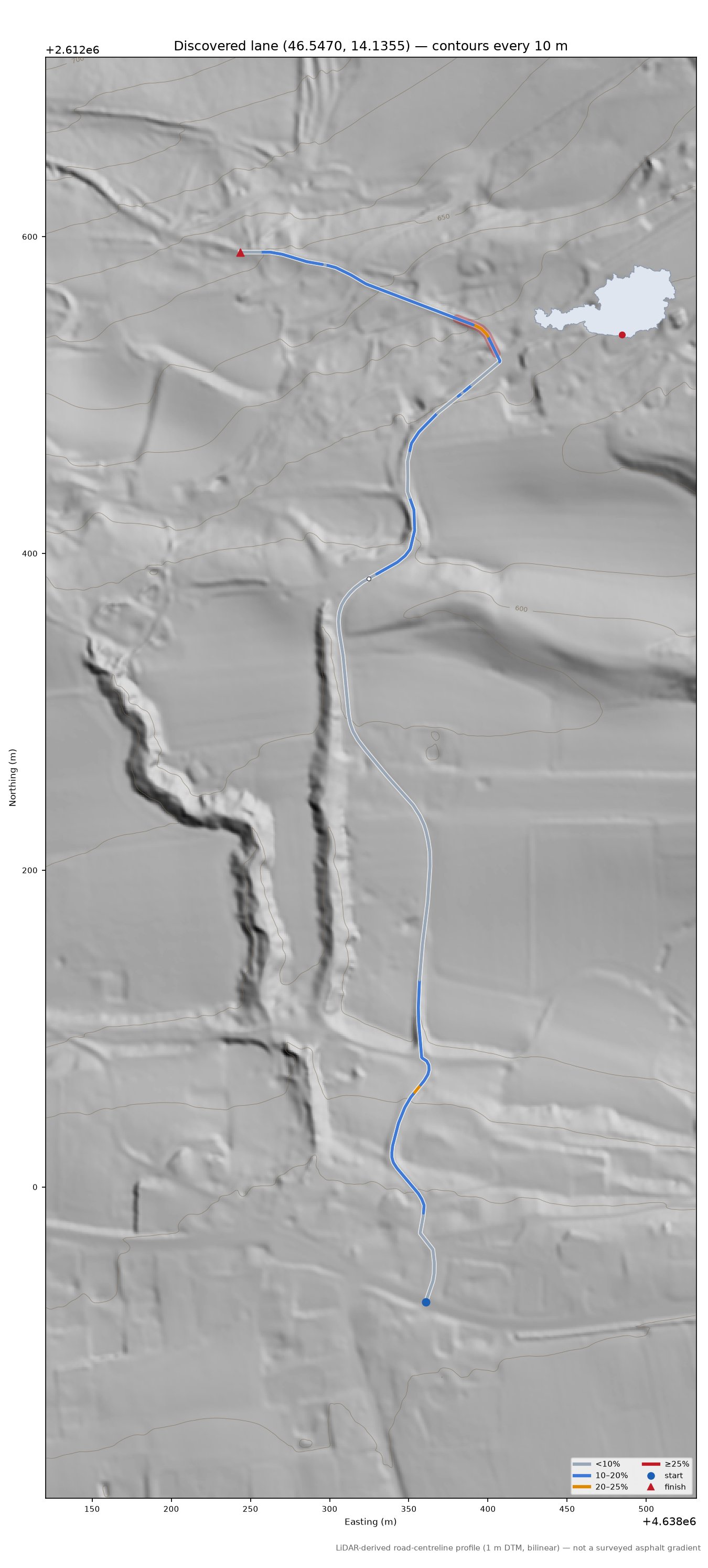 Discovered lane (46.5470, 14.1355) LiDAR hillshade map with contours