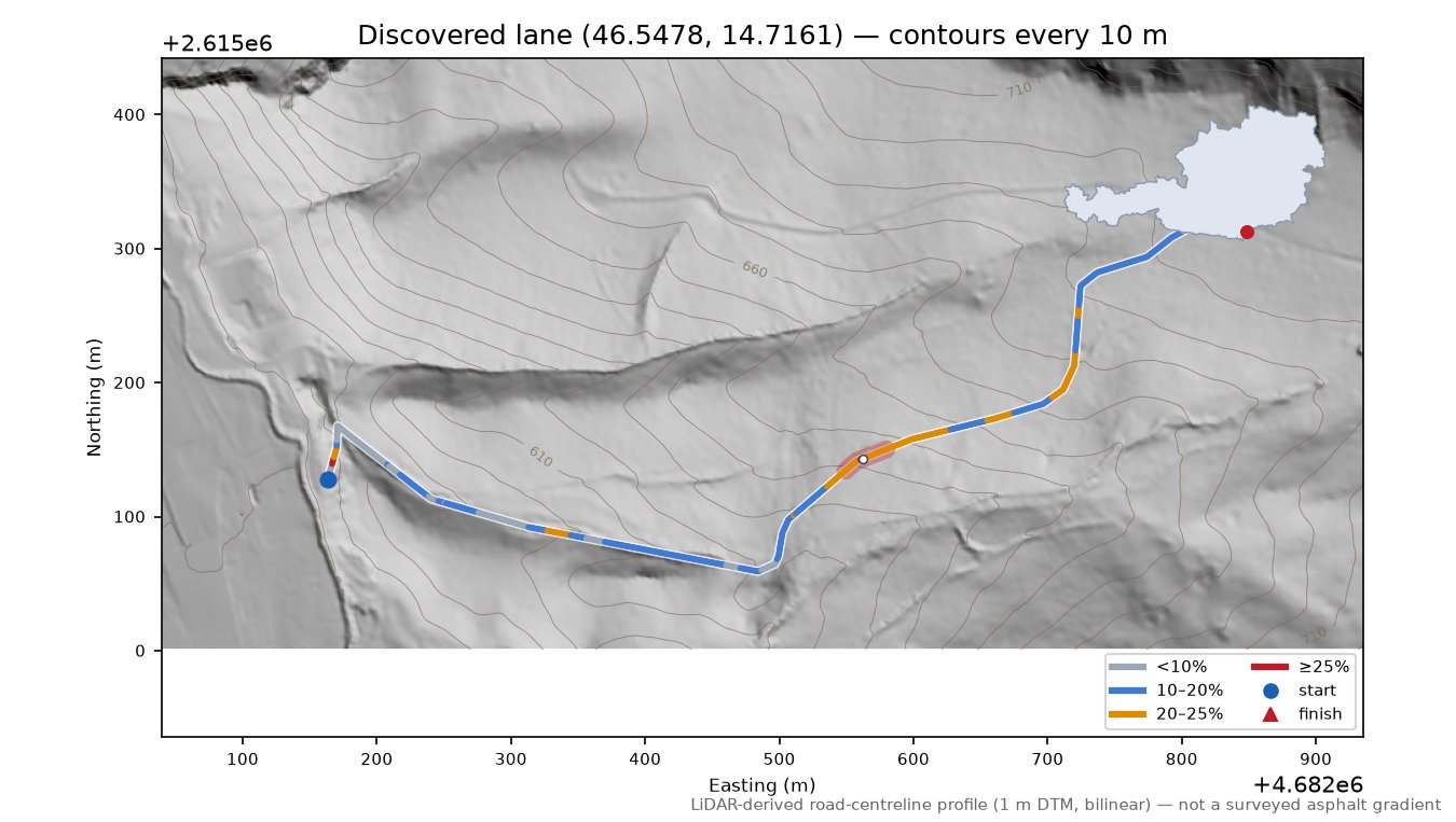 Discovered lane (46.5478, 14.7161) LiDAR hillshade map with contours