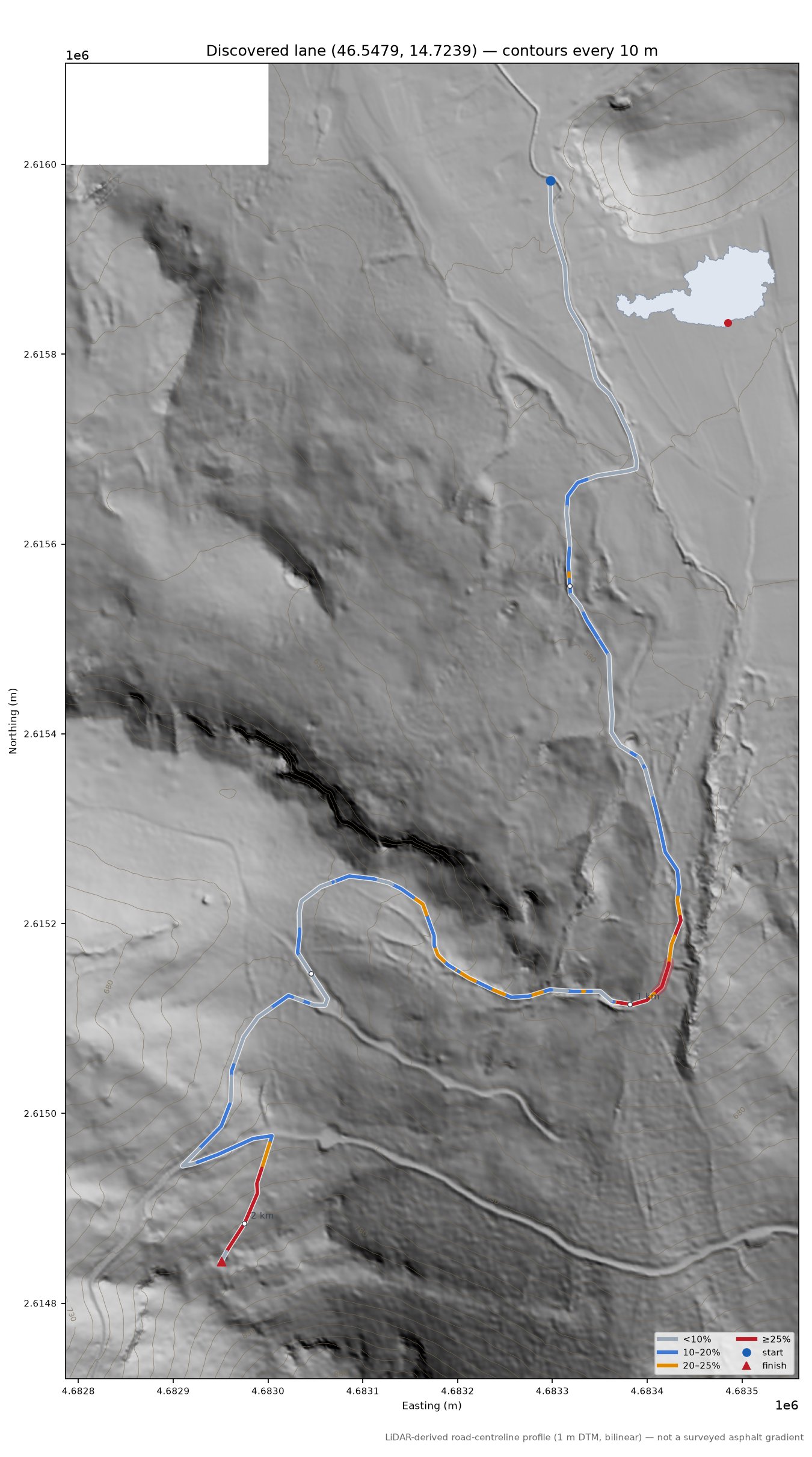 Discovered lane (46.5479, 14.7239) LiDAR hillshade map with contours