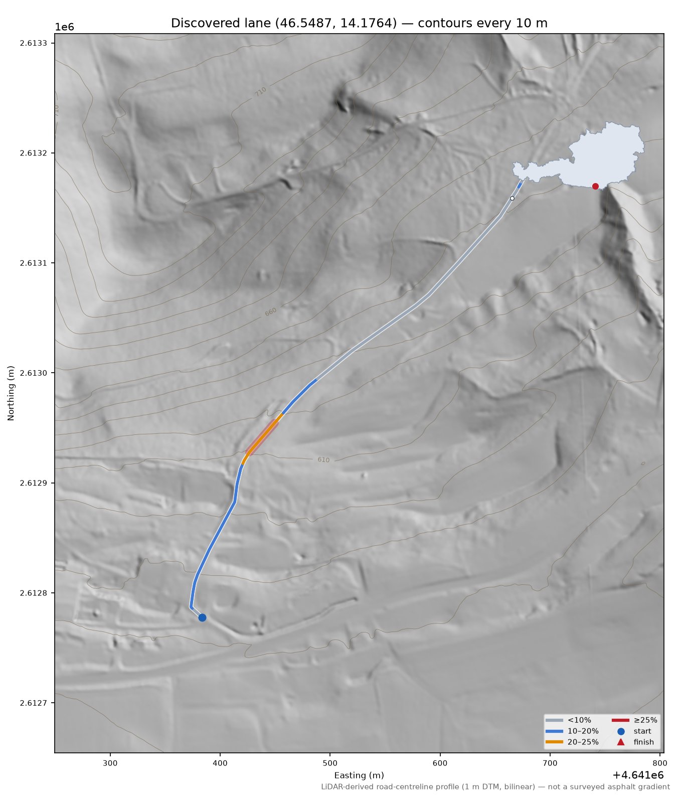 Discovered lane (46.5487, 14.1764) LiDAR hillshade map with contours