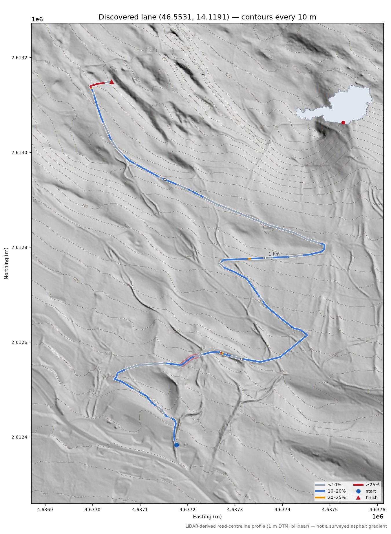 Discovered lane (46.5531, 14.1191) LiDAR hillshade map with contours