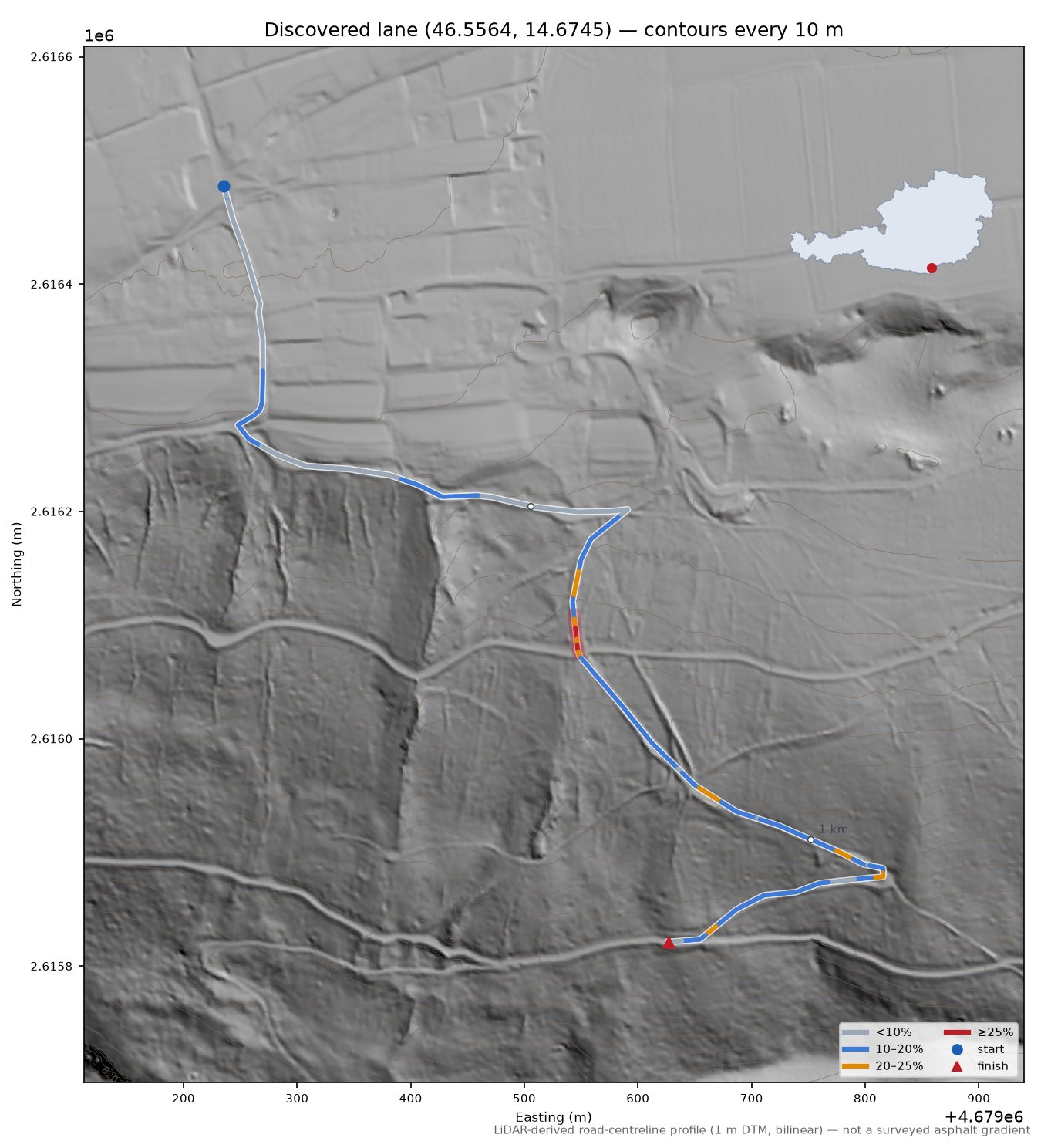 Discovered lane (46.5564, 14.6745) LiDAR hillshade map with contours