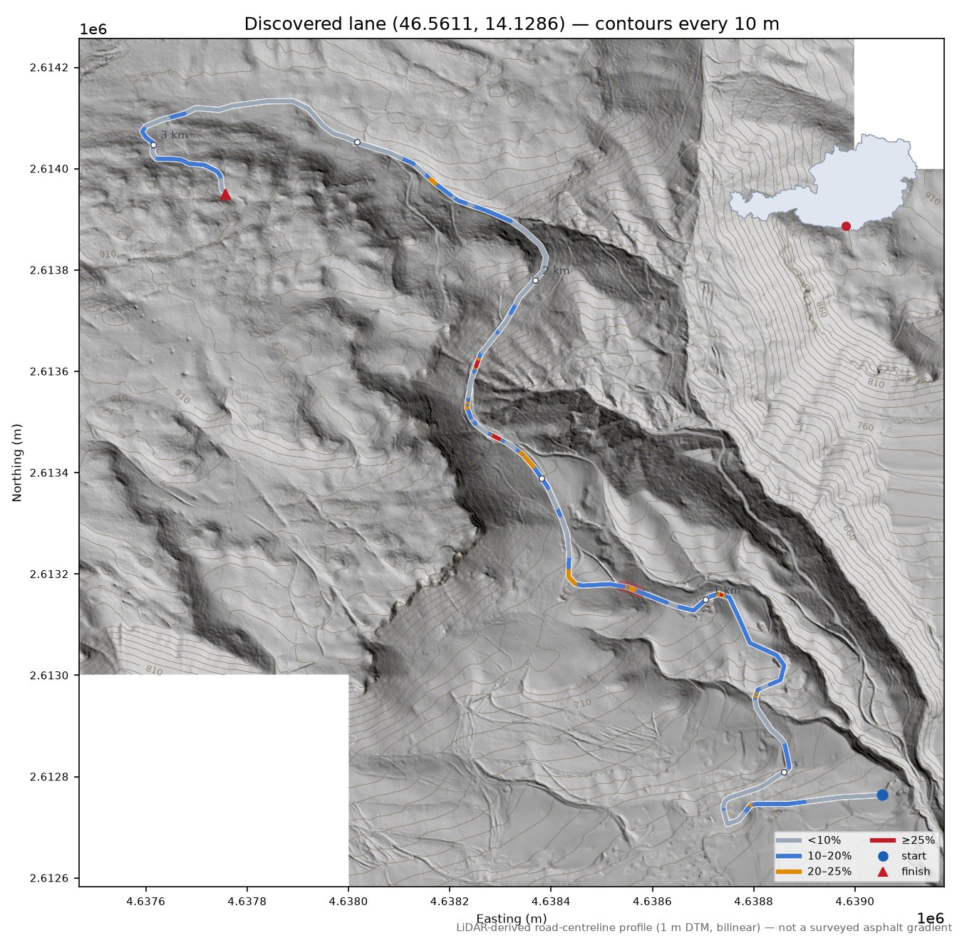 Discovered lane (46.5611, 14.1286) LiDAR hillshade map with contours