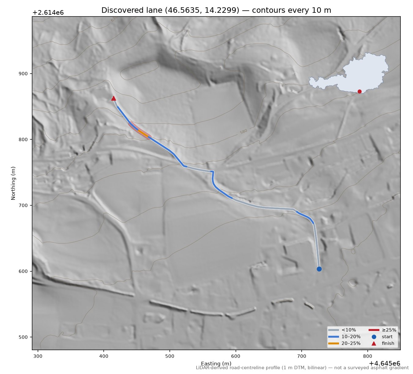Discovered lane (46.5635, 14.2299) LiDAR hillshade map with contours