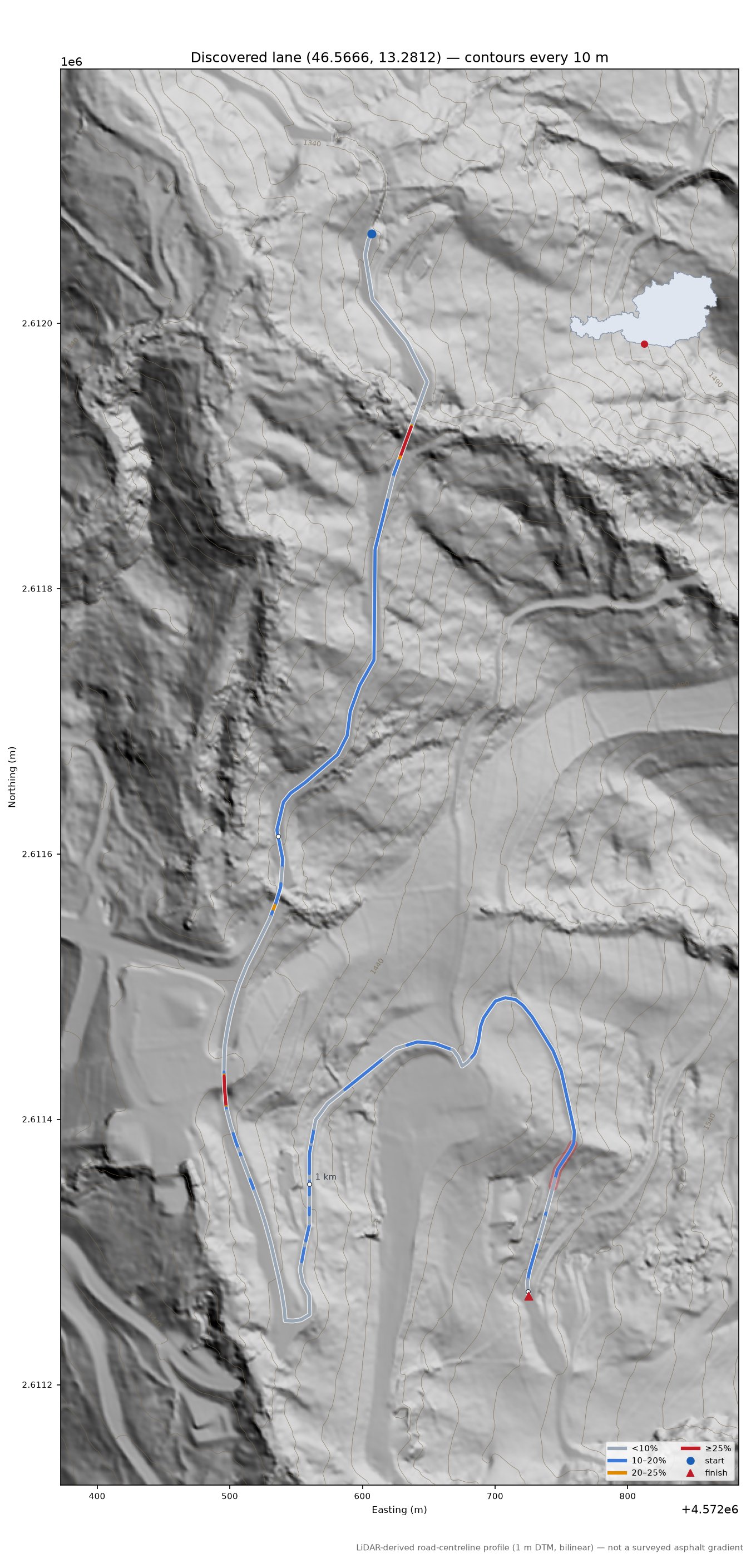 Discovered lane (46.5666, 13.2812) LiDAR hillshade map with contours
