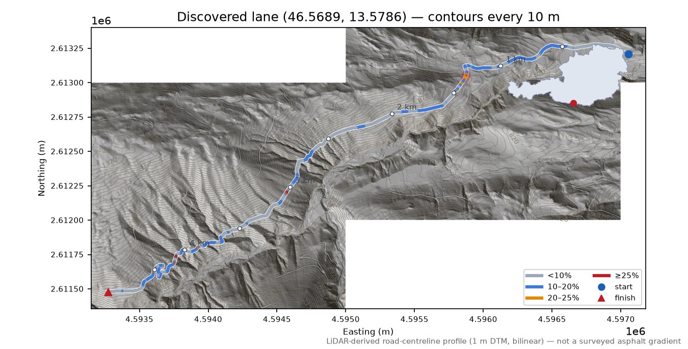 Discovered lane (46.5689, 13.5786) LiDAR hillshade map with contours