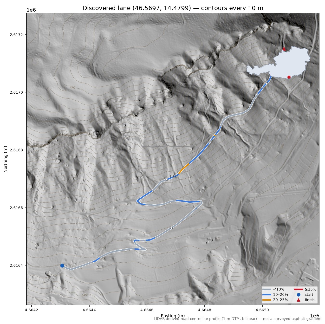 Discovered lane (46.5697, 14.4799) LiDAR hillshade map with contours