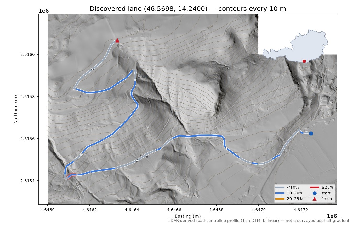 Discovered lane (46.5698, 14.2400) LiDAR hillshade map with contours