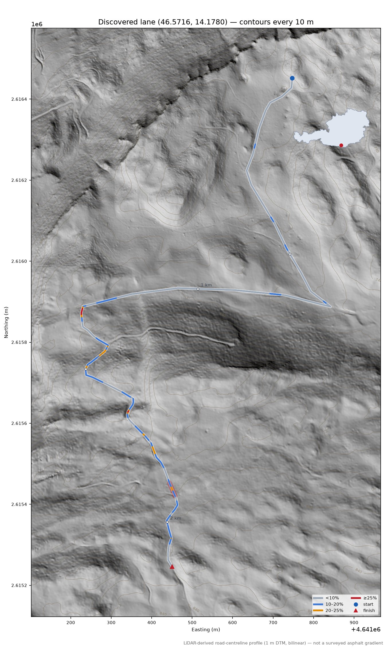 Discovered lane (46.5716, 14.1780) LiDAR hillshade map with contours