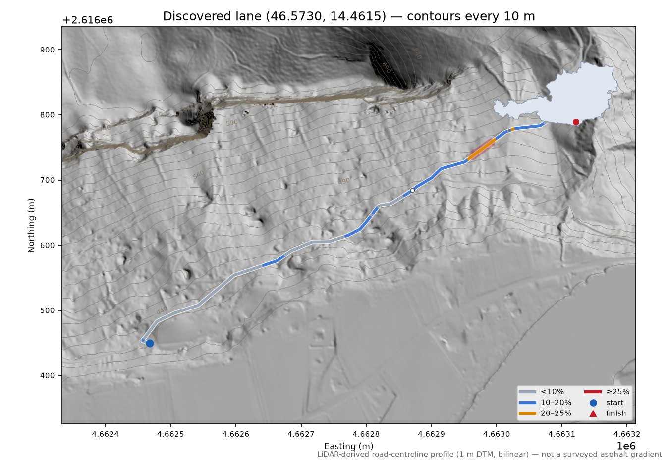 Discovered lane (46.5730, 14.4615) LiDAR hillshade map with contours