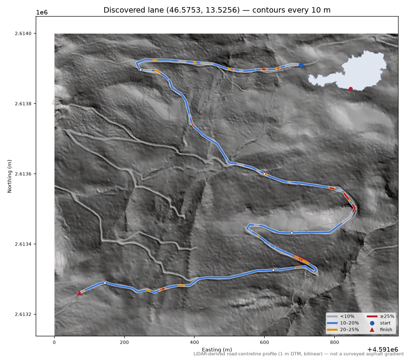 Discovered lane (46.5753, 13.5256) LiDAR hillshade map with contours