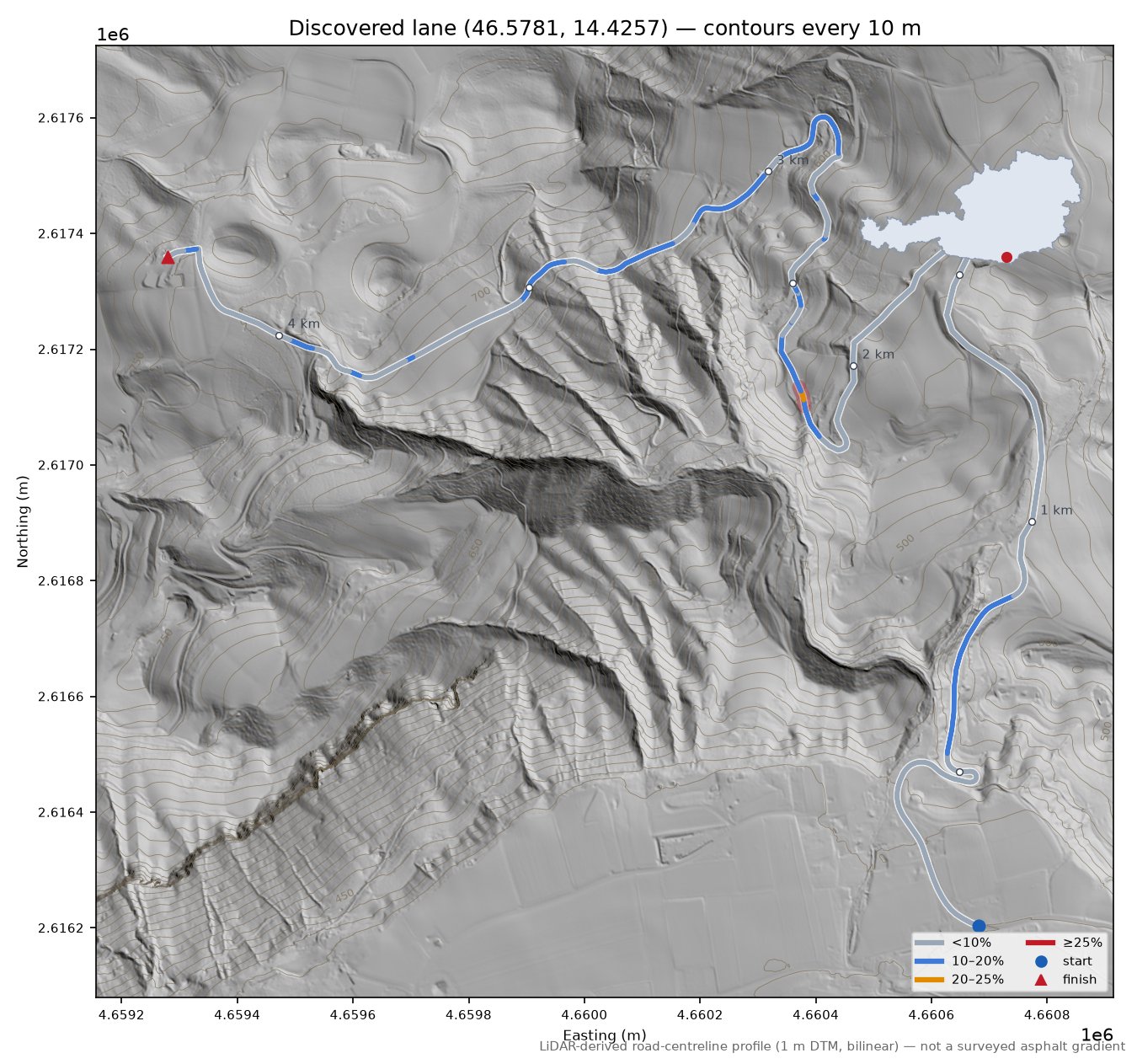 Discovered lane (46.5781, 14.4257) LiDAR hillshade map with contours