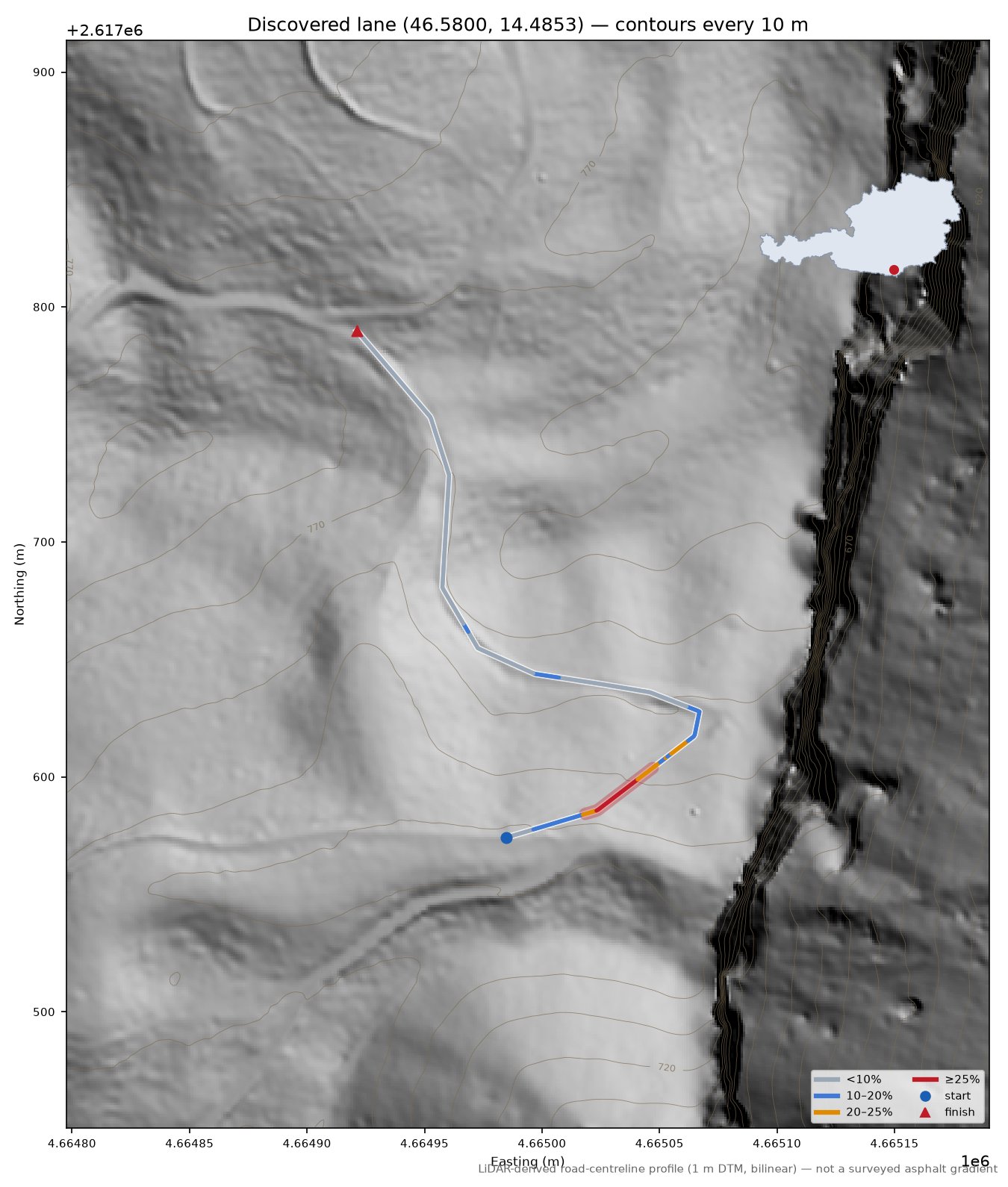 Discovered lane (46.5800, 14.4853) LiDAR hillshade map with contours