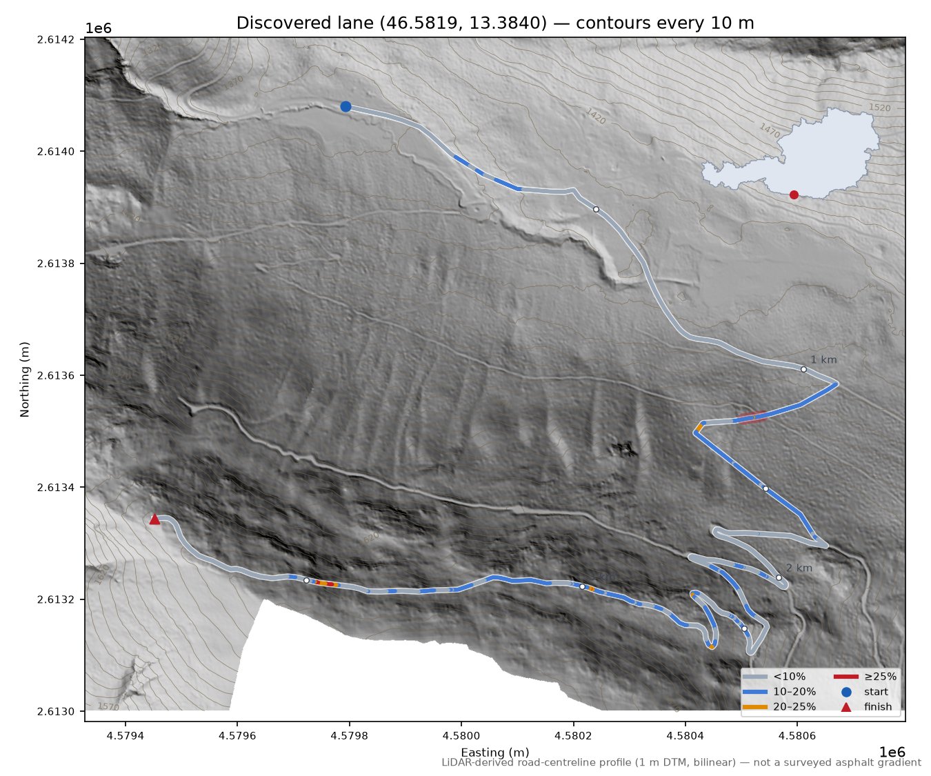 Discovered lane (46.5819, 13.3840) LiDAR hillshade map with contours