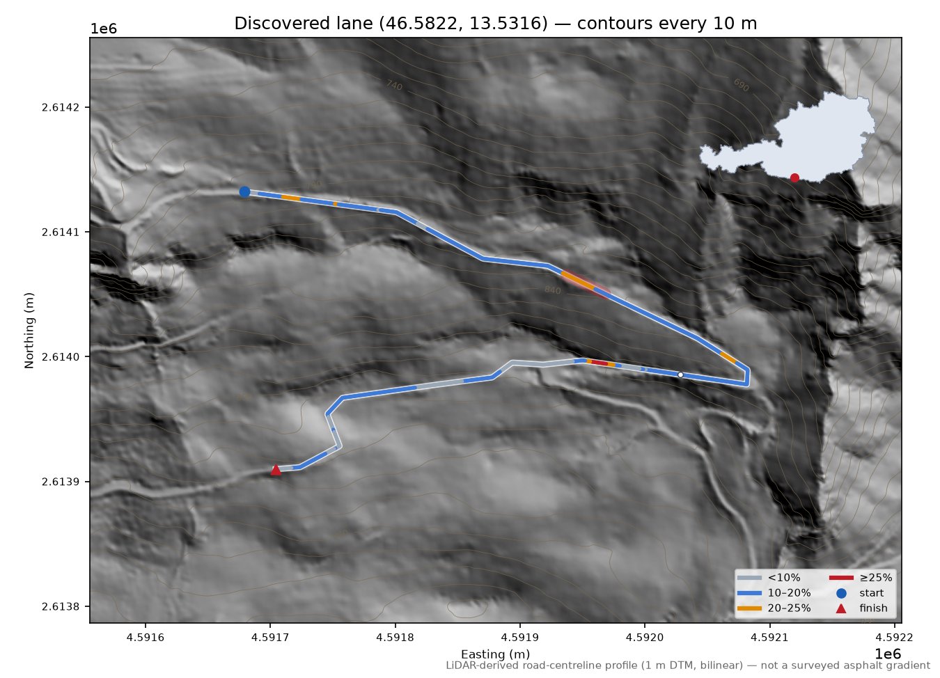Discovered lane (46.5822, 13.5316) LiDAR hillshade map with contours
