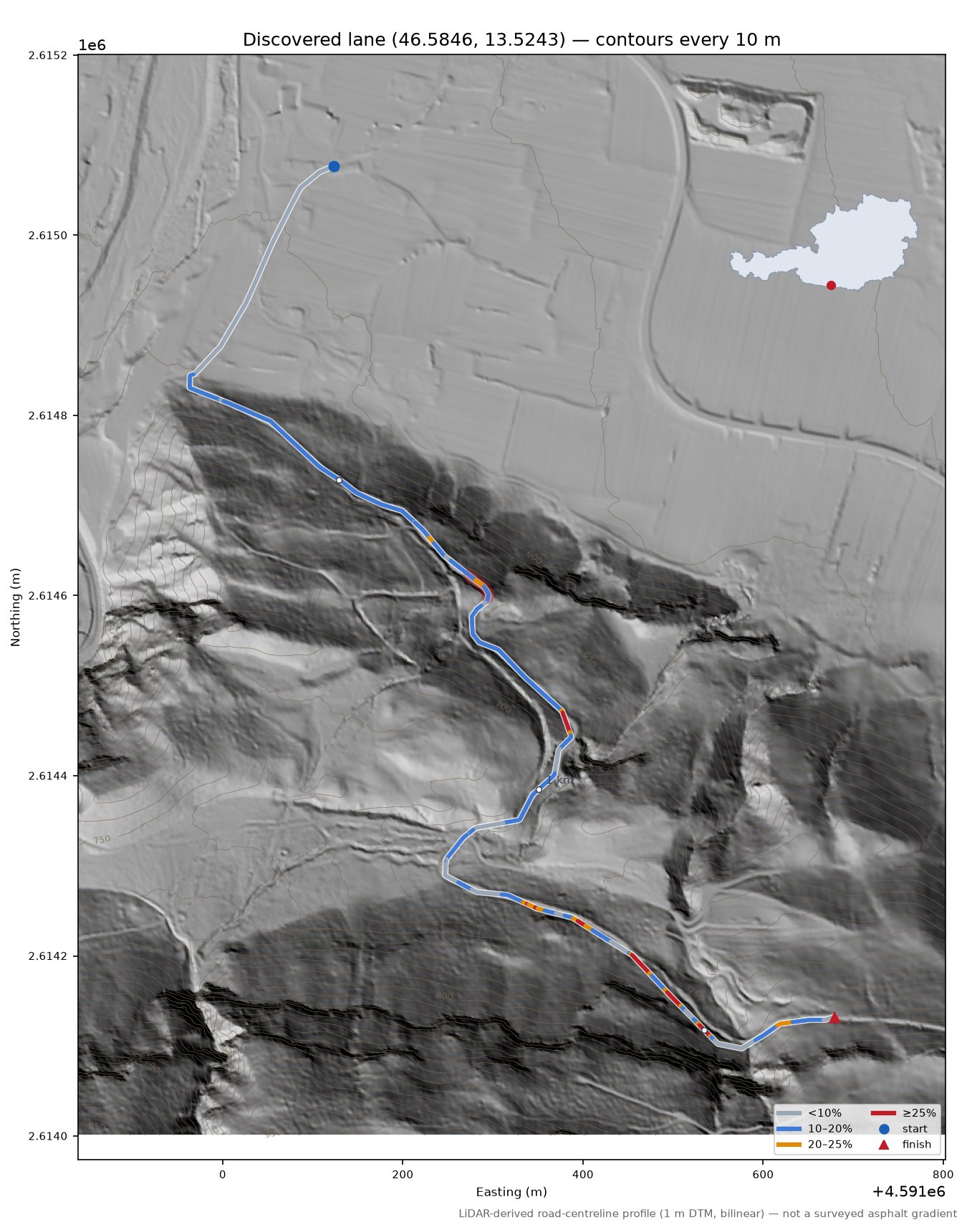 Discovered lane (46.5846, 13.5243) LiDAR hillshade map with contours
