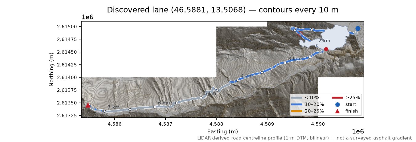 Discovered lane (46.5881, 13.5068) LiDAR hillshade map with contours