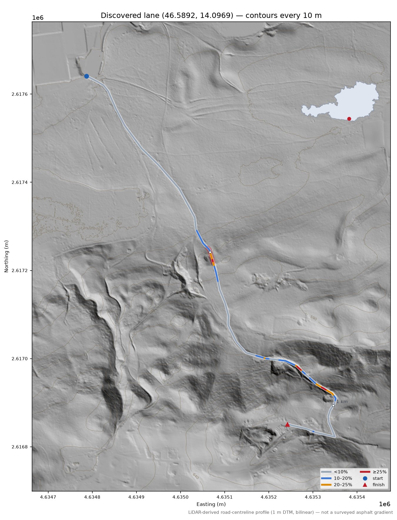 Discovered lane (46.5892, 14.0969) LiDAR hillshade map with contours