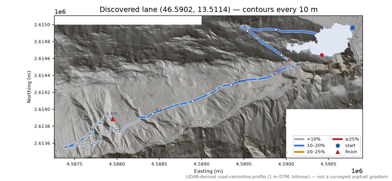 Discovered lane (46.5902, 13.5114) LiDAR hillshade map with contours