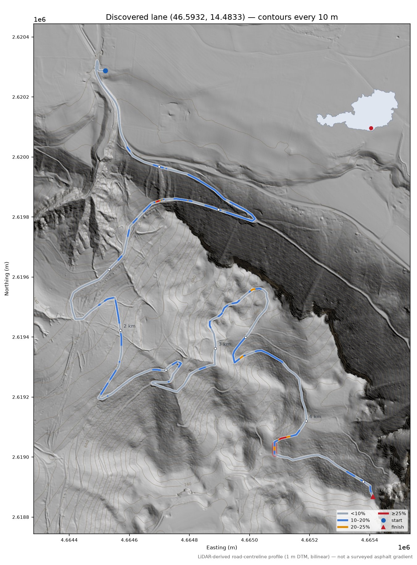 Discovered lane (46.5932, 14.4833) LiDAR hillshade map with contours