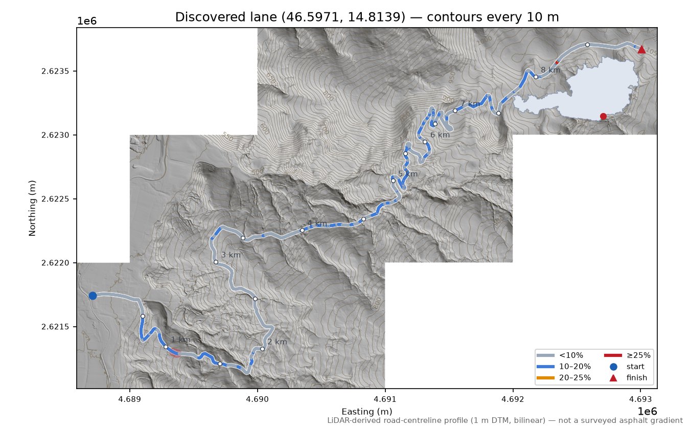 Discovered lane (46.5971, 14.8139) LiDAR hillshade map with contours