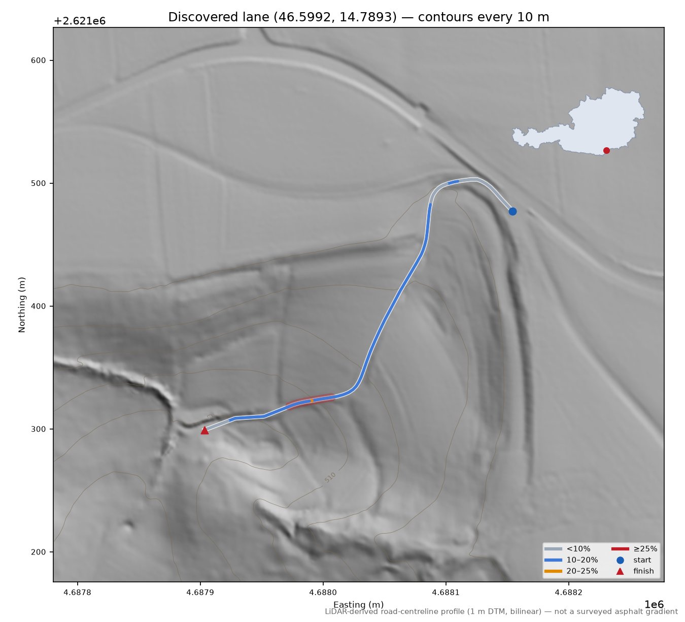 Discovered lane (46.5992, 14.7893) LiDAR hillshade map with contours
