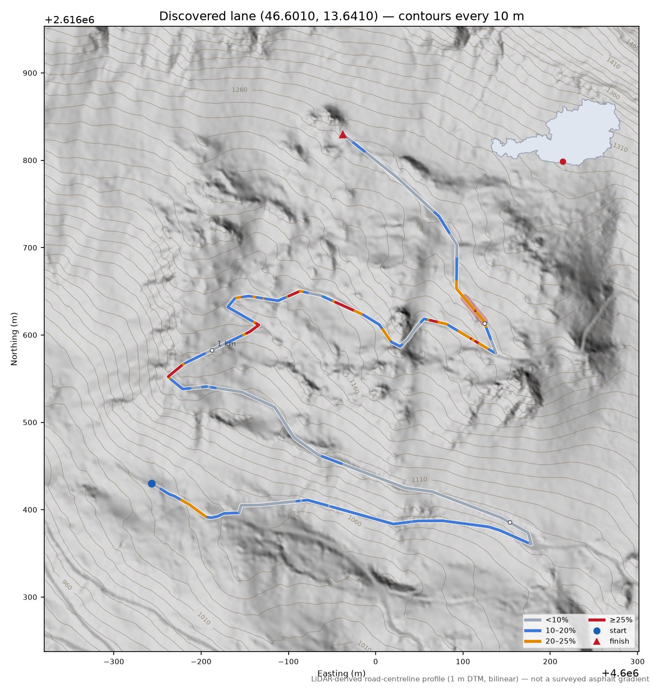 Discovered lane (46.6010, 13.6410) LiDAR hillshade map with contours