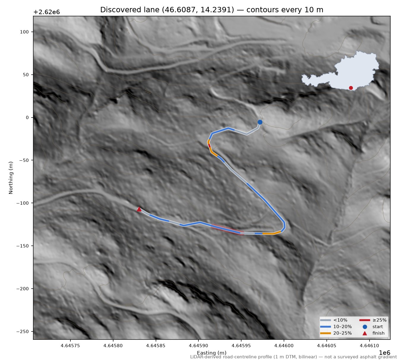 Discovered lane (46.6087, 14.2391) LiDAR hillshade map with contours