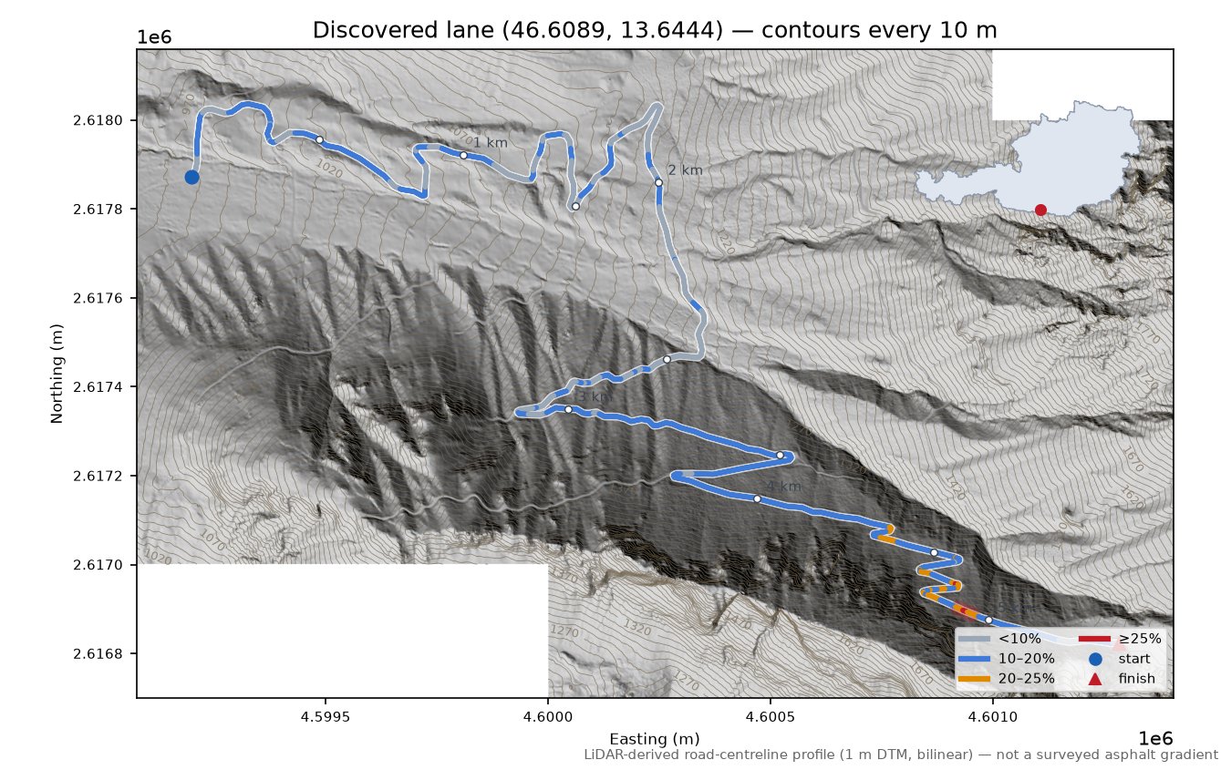 Discovered lane (46.6089, 13.6444) LiDAR hillshade map with contours