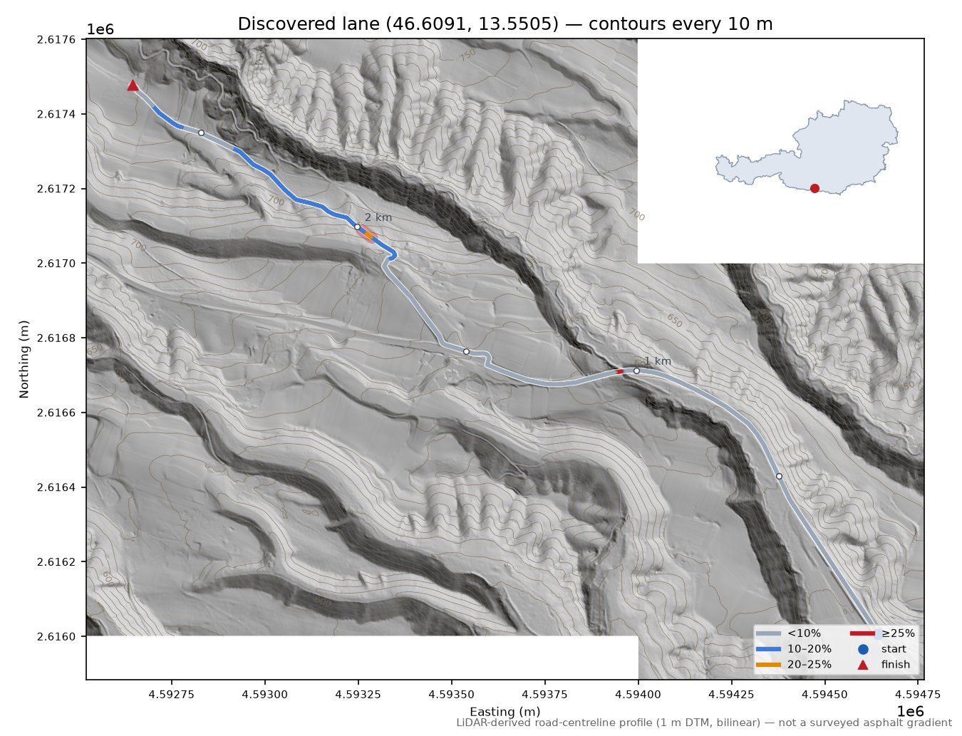 Discovered lane (46.6091, 13.5505) LiDAR hillshade map with contours