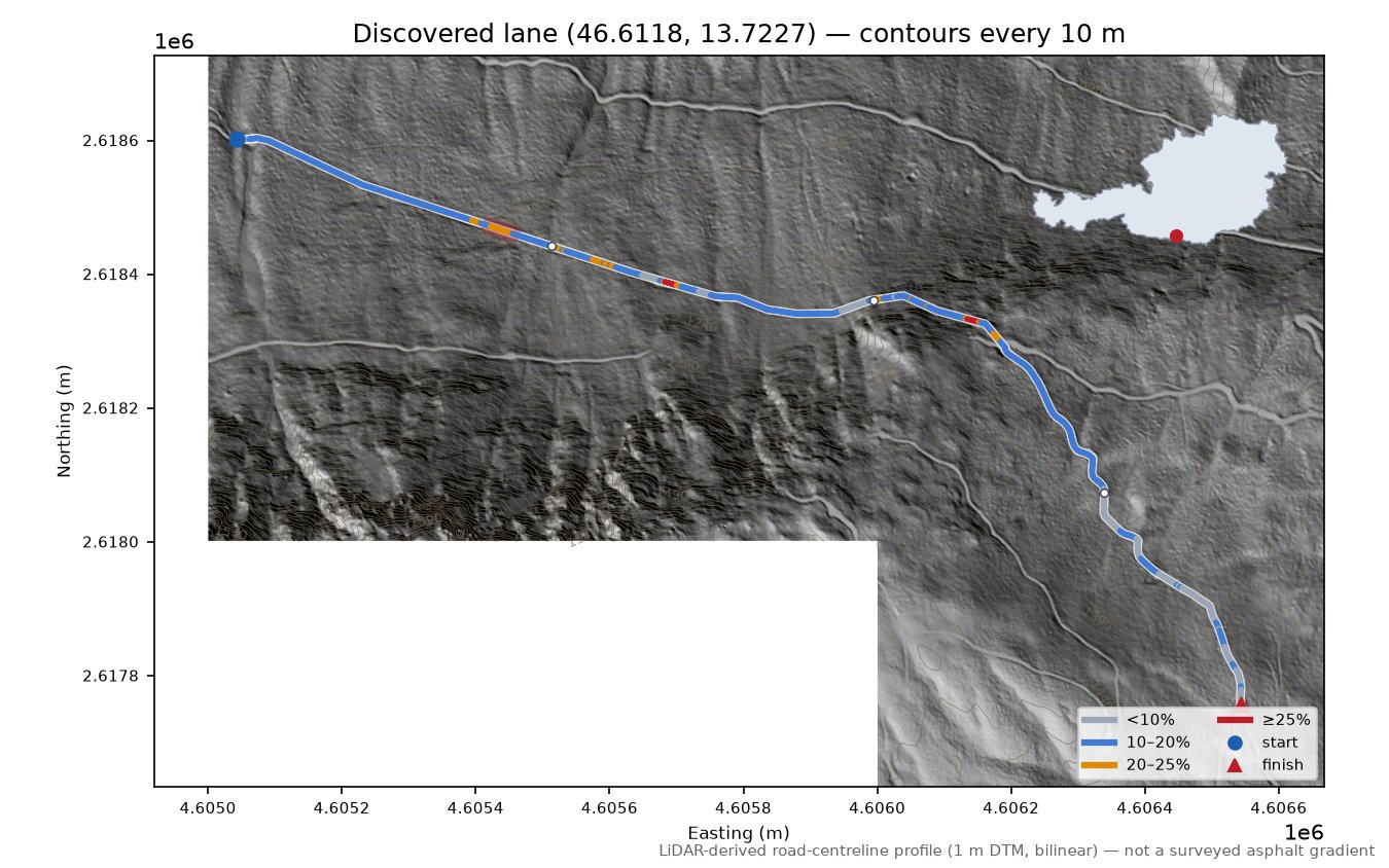 Discovered lane (46.6118, 13.7227) LiDAR hillshade map with contours