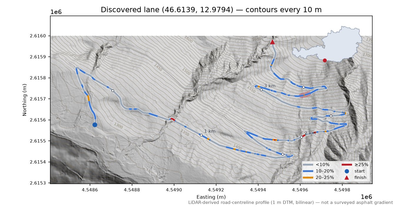 Discovered lane (46.6139, 12.9794) LiDAR hillshade map with contours