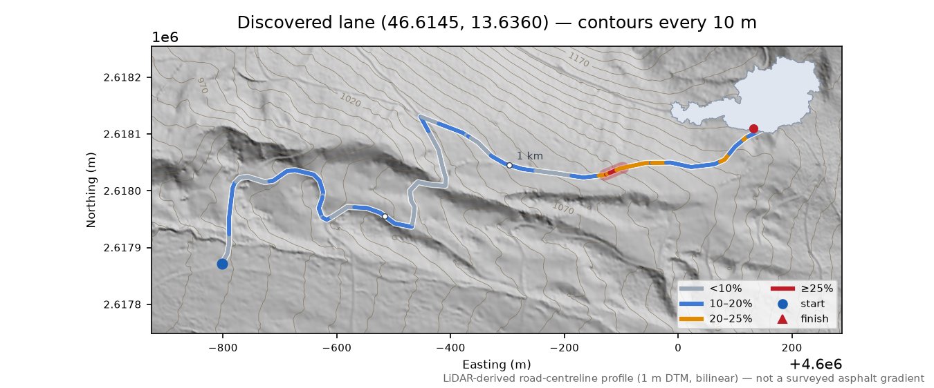 Discovered lane (46.6145, 13.6360) LiDAR hillshade map with contours
