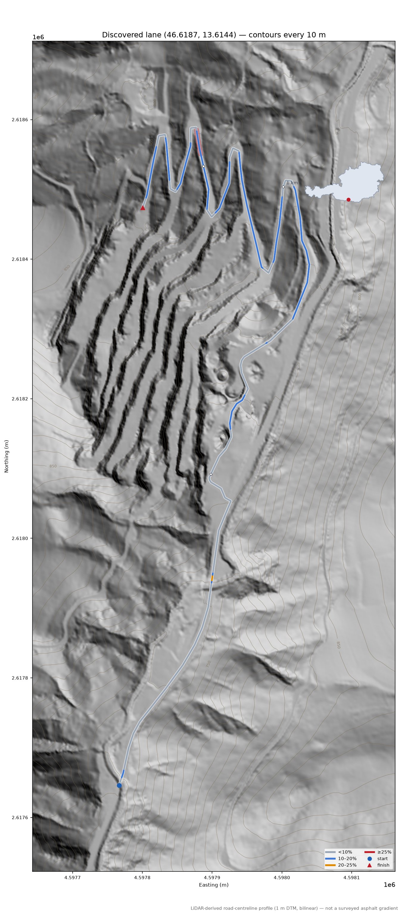 Discovered lane (46.6187, 13.6144) LiDAR hillshade map with contours