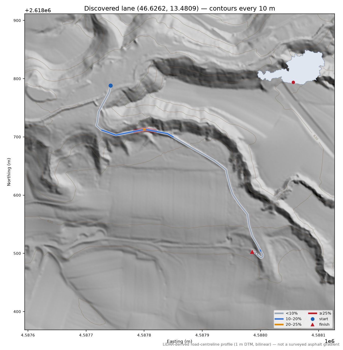Discovered lane (46.6262, 13.4809) LiDAR hillshade map with contours