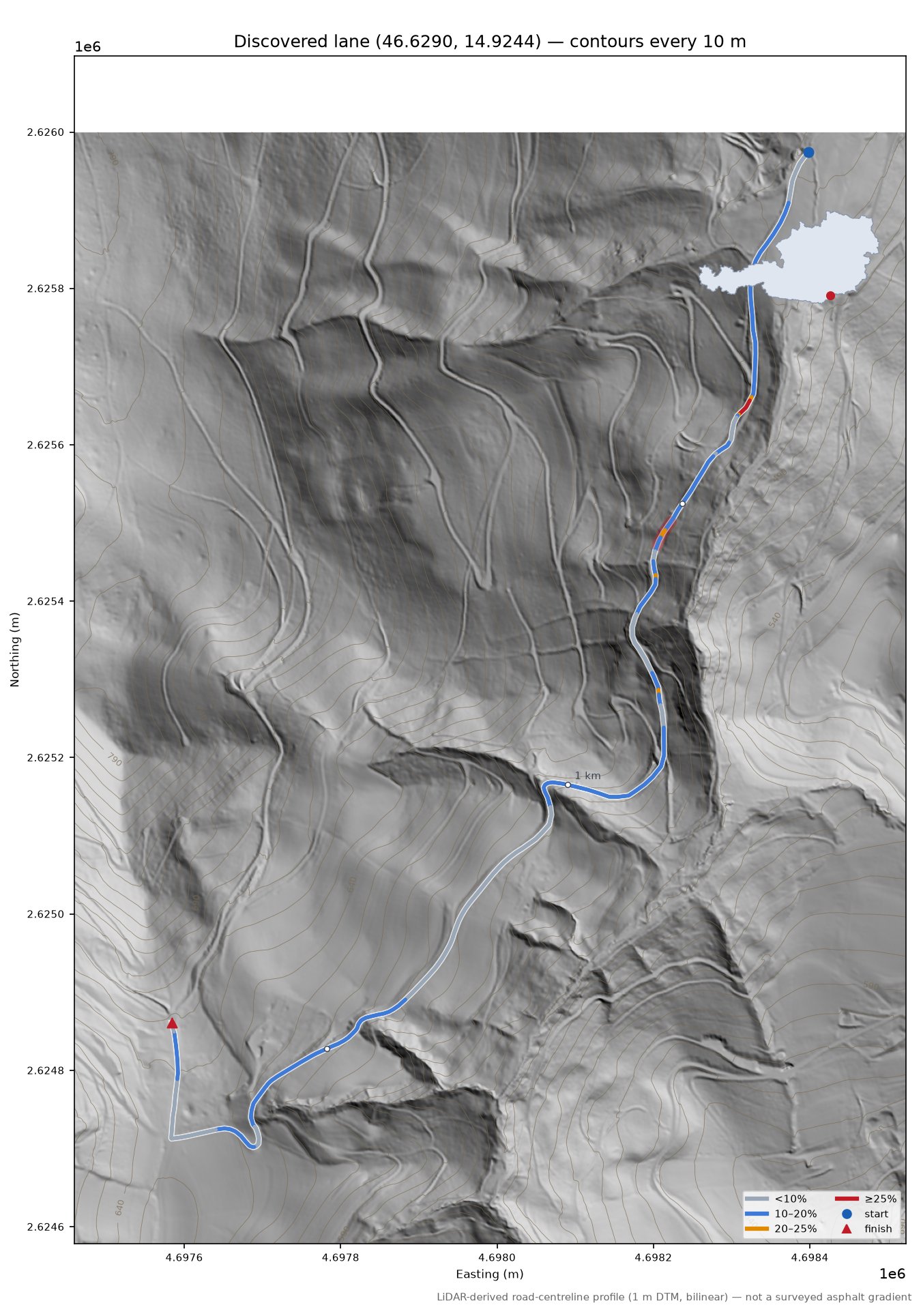 Discovered lane (46.6290, 14.9244) LiDAR hillshade map with contours