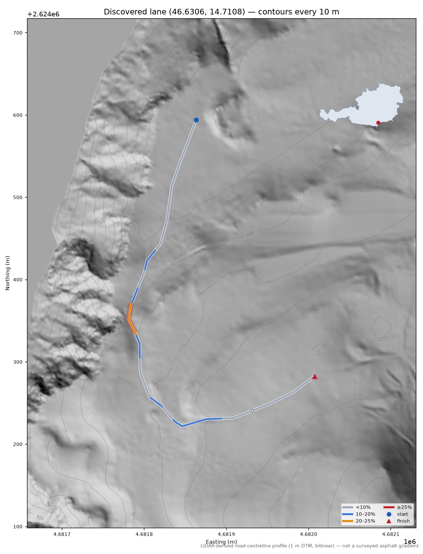 Discovered lane (46.6306, 14.7108) LiDAR hillshade map with contours