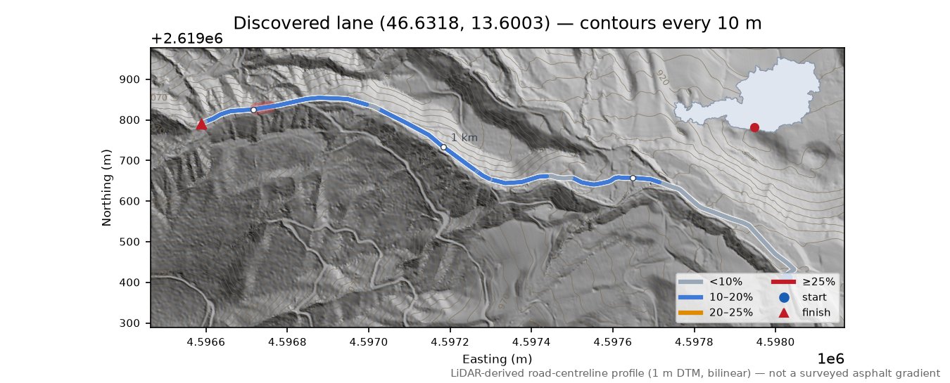 Discovered lane (46.6318, 13.6003) LiDAR hillshade map with contours