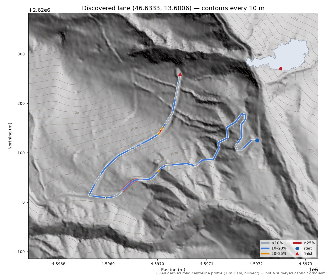 Discovered lane (46.6333, 13.6006) LiDAR hillshade map with contours
